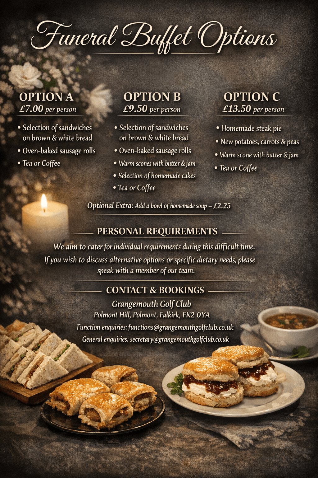 Funeral Teas menu displayed on a clean, light background, featuring Grangemouth Golf Club branding and a clear list of catering options with prices, presented in a simple and respectful layout suitable for memorial gatherings.