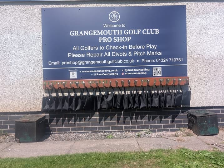 New divot bags installed outside the Pro Shop at Grangemouth Golf Club for members and visitors to repair divots during their round.