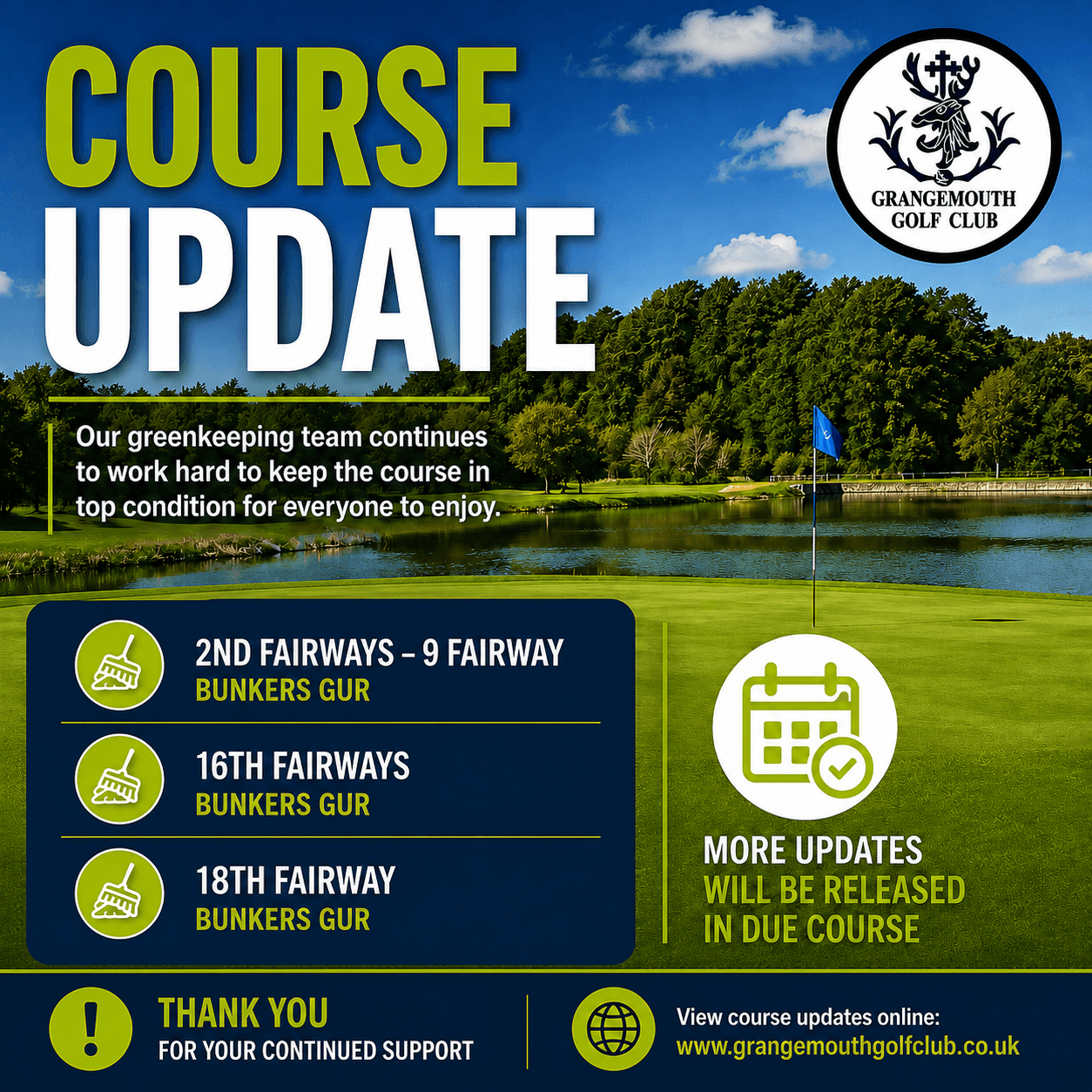 Course update graphic from Grangemouth Golf Club showing temporary Ground Under Repair (GUR) for selected fairway bunkers on the 2nd, 9th, 16th and 18th holes.